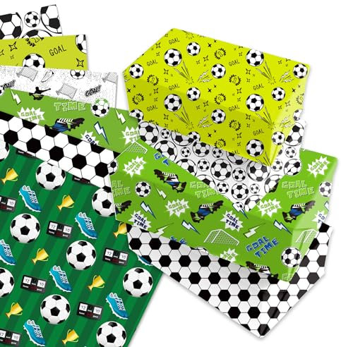 12 Bögen Fußball Geschenkpapier, Geburtstags Geschenkpapierbögen für Jungen und Männer mit gemischtem Sport-Fußball-Design in Grün und Weiß für Geburtstagsgeschenke für Jungen und Mädchen (70 x 50 cm)