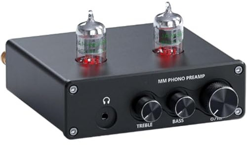 Preamplificador de fono, preamplificador de fonógrafo de tocadiscos, con tubo de vacío, cuenta con control de volumen y control de graves/agudos, auriculares de 3,5 mm, admite entrada auxiliar de 3,5