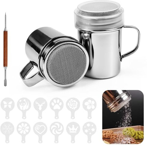 HWSWSH 15 Pz Set di Utensili per Caffè Latte Art, 2 Spargi Cacao in Polvere, 1 Penna per Latte Art e 12 Stencil per Caffè, Spargitore in Polvere in Acciaio Inox, Spargi Zucchero a Velo, Farina, Caffè