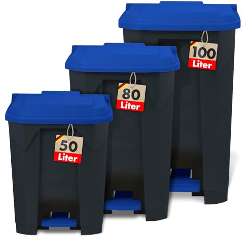 Floordirekt Mülleimer 50 Liter, blauer Deckel, Abfalleimer für Küche und Büro, Mülltrennsystem, Tretmülleimer mit Step-On-Mechanismus, Papierkorb, Mülltonne Olaf