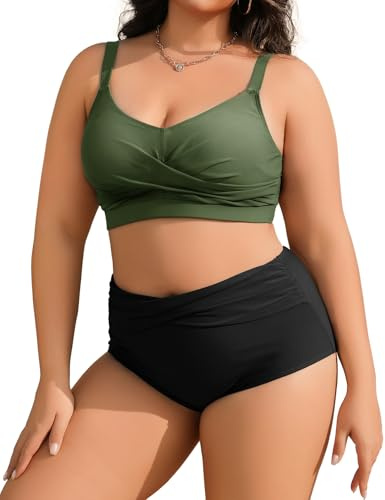 Tuopuda Costume Donna Due Pezzi Taglie Forti Push Up Imbottito Reggiseno Costumi da Bagno Bikini Mare a Spiaggia Piscina Curvy Swimwear Regolabile M-4XL, Verde+Nero, 3XL