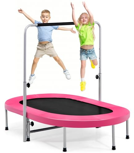 COSTWAY 2 Personen Trampolin, Mini Trampolin mit höhenverstellbarm Haltegriff, bis 150kg belastbar, Kindertrampolin klappbar, Gartentrampolin für Kinder, Erwachsene (Rosa)