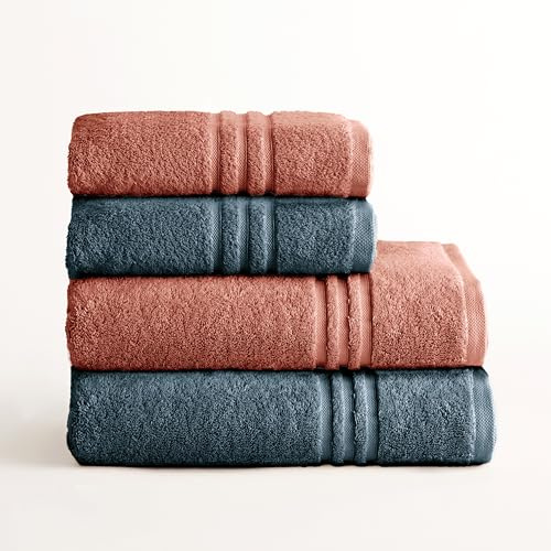 BOHEME | Juego de 4 Toallas Bicolor de Ducha Premium 700 g/m² |Terracota y Azul Turquesa|2 (50x100 cm) + 2 (70x140 cm)|100% Algodón Suave y Absorbente|Secado Rápido|Lavables a Máquina|Uso Diario