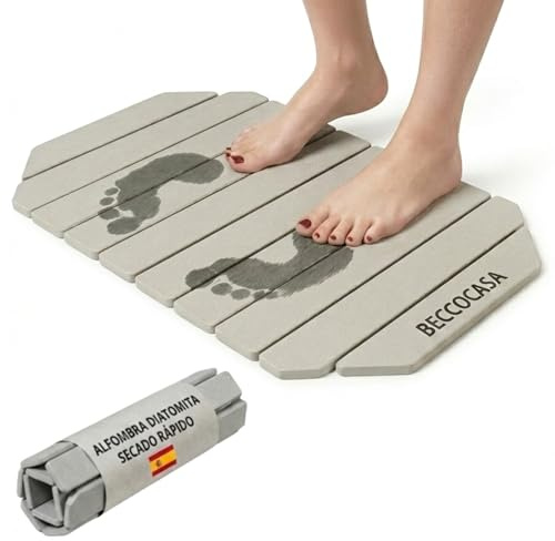 BECCOCASA Alfombra Diatomita Baño 60x40cm, Secado Rápido en Segundos, Súper Absorbente y Antideslizante, Plegable, Alfombrilla Baño Piedra para Ducha, Cocina y Lavabo, Gris Oscuro (Gris Claro)