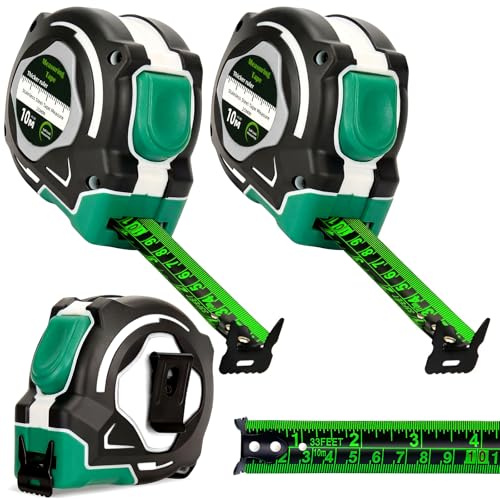 2 Pack 10M/32.8ft Tape Measure, Width 25mm Fluorescent Transparent Steel Precision Measuring Tape, Stainless Steel Retractable Double Sided Graduated, Easy To Read Self-Lock Measuring(Green)