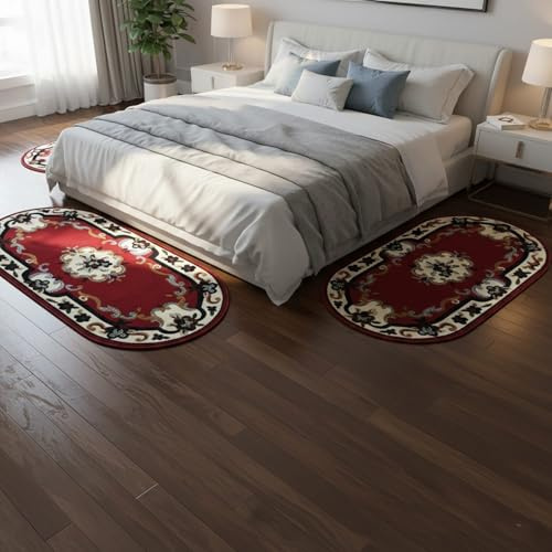 Tris Tappeti Camera da Letto Ovali Cinos – Set 3 Pezzi (1 Fondo Letto 70x140 + 2 Laterali 60x100) – Polipropilene Soffice – Antiscivolo – Design Classico Elegante – Rosso/Bordò