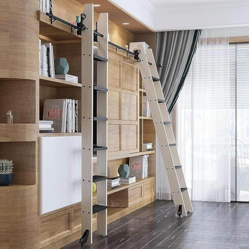 Support de Rail d'échelle de bibliothèque roulante rétractable (sans échelle), kit de matériel d'échelle coulissante Noire, Rail/Rail d'échelle Mobile pour loft/étude/Salon avec poulie,6.6ft/200cm