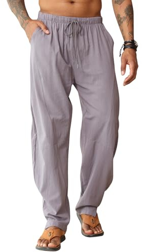 LAOARA Pantalons Homme de Lin Pantalons de Plage Hippy Harem Pantalons Elastique Coton Pantalons