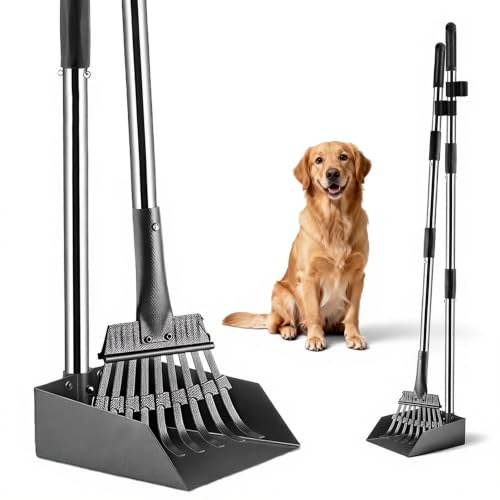 Lifegogo Lot de 2 pelles à déjections canines et râteaux en acier inoxydable avec long manche pour chiens de grande taille et moyenne et petite pelle à déjections canines pour jardin, pelouse, terre