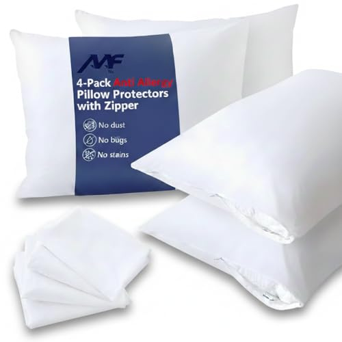 Pillow Protectors 4 Pack Anti Allergy Feather Bed Bug Proof 50x75cm – Non-Noisy Pillow Protectors with Zipped Closure Anti Dust Mite, Mildew Proof Anti Bacterial Zipped Pillow Protector, White