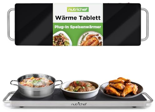 NutriChef Warmhalteplatte Elektrisch – 56,9 × 17 cm Glas-Kochplatte mit Griffen für Speisen, Für Buffet, Küche, Party & Catering-Einsatz, Schwarz