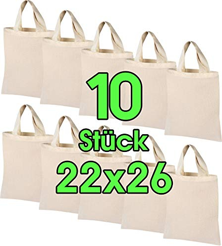 10 STÜCK 22 x 26 cm Baumwolltasche klein – OEKO-TEX® geprüft – Natur Apothekertasche, Tragetasche, Beutel, Geschenktasche Stofftasche unbedruckt, für Medikamente zum bemalen und bedrucken Jutebeutel