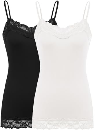 Kate Kasin Womens Lace Tank Top, Adjustable Strap Spaghetti Black Cami,2 Pack Camisole Y2K(Black+White, XL)
