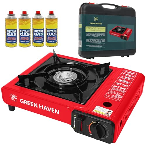 GREEN HAVEN Red Portable Camping Stove with Cary Case & 4 Butane Gas - Premium Camping Gas Stove, EN417 Compliant, Portable with Automatic Ignition & Heat Control