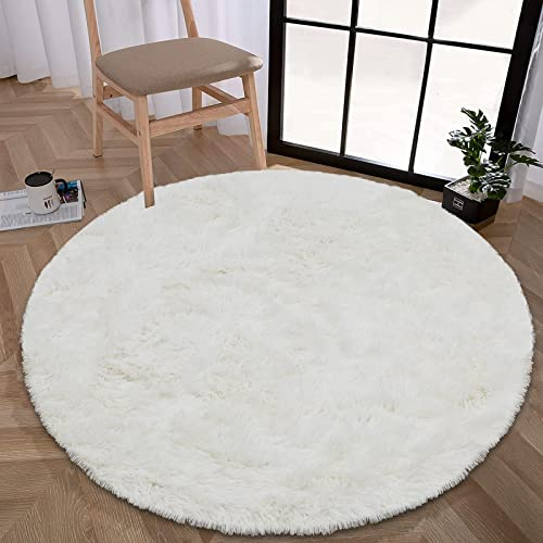 Enyhom Rund Hochflor Fluffy Teppich Plüsch Wohnzimmer Dicker Teppich Waschbar Samt Shag Teppich rutschfeste Weich Großen Teppiche für Sofa Schlafzimmer Bettvorleger Dekoration, 120cm Weiß
