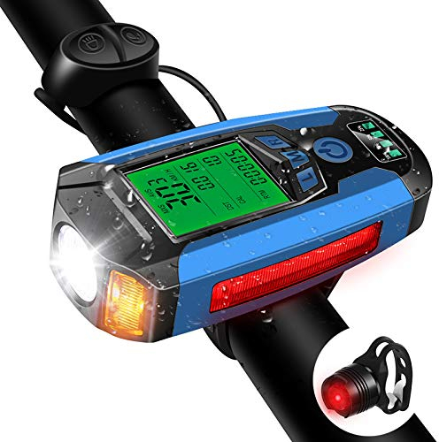 DETENG Bike Lights Set with Bike Speedometer,USB Rechargeable Bicycle Computer with Bike Bell, Headlights 5 Lighting Modes Flashlight Commuter- Riding Hiking Camping All Mountain & Road Cycling