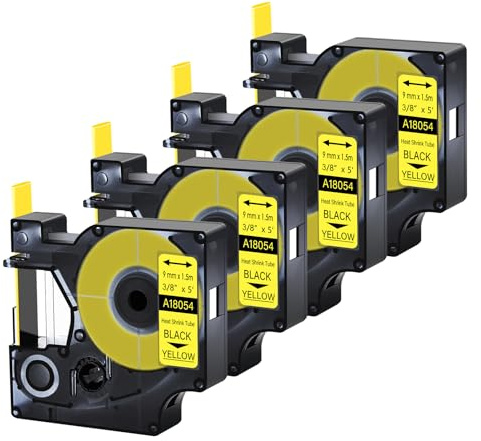 Cruxer Ersatz für DYMO 18054 Industrie-Schrumpfschlauchband 3/8 Zoll 9 mm 1,5 m Schrumpfschlauch-Etikettenband schwarz auf gelb, kompatibel mit DYMO Rhino 4200, 5200, 5000, 6000 Etikettenhersteller