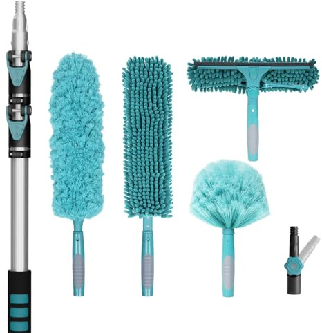 TelesPro 20 Foot High Reach Duster Kit with 5-12FT Extension Pole High Ceiling Dusting and Window Cleaning Kit with Telescopic Pole Window Washer&Squeegee,Cobweb Duster,Fan Duster and Feather Duster