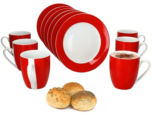 MamboCat Service de petit-déjeuner Variant rouge 12 pièces I 6 petites assiettes et 6 tasses à café de 350 ml, hauteur 10,3 cm pour 6 personnes I Tasse, assiettes à gâteau I Vaisselle en porcelaine