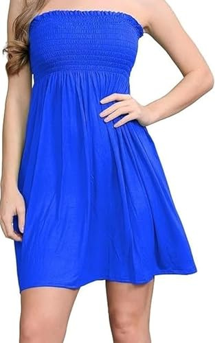 KIKFIT Robe Bandeau Courte pour Femme - Débardeur Plissée Sans Bretelles pour l'été - Idéale pour la Plage - Tailles 36 à 48, bleu marine, 36-38
