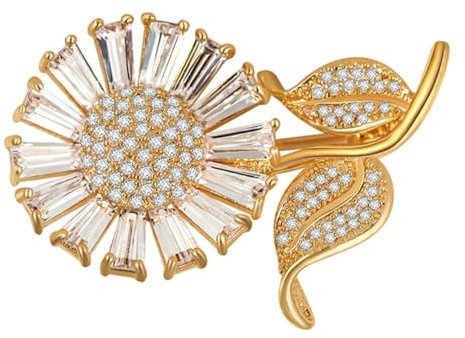Onefeart Vergoldet Broschen Für Frauen Mädchen Quadrat Kubischer Zirkonia Koreanische Art Sonnenblume Brosche 32X23MM Gold
