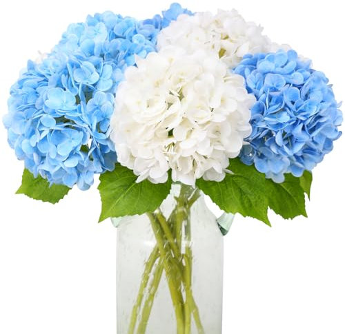 JUSTOYOU Flores artificiales de hortensias artificiales (blanco y azul)