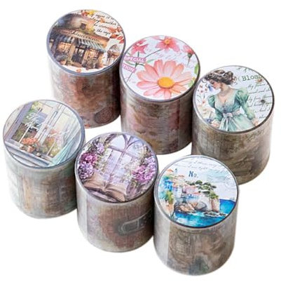 6 Washi Tape Set, Scrapbook-Blumenaufkleber, dekoratives Abdeckband, transparente Aufkleber für DIY Scrapbooking, Farbaufkleber, Fotoalbum, Tagebuch, Karten (Yanji PET-Klebeband)