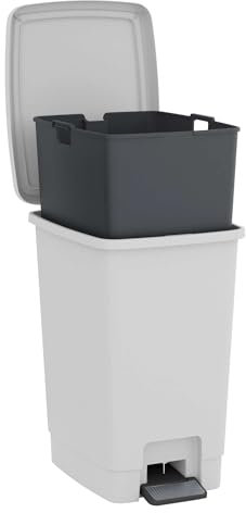 Sundis Bucket Bin, poubelle à pédale 30 L, seau amovible, rectangulaire, en plastique recyclé, blanc, pour cuisine, bureau, buanderie, atelier, salle de bain