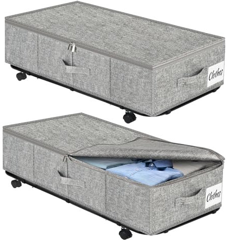 50L XL Sturdy Under Bed Storage with Wheels, 2 Pack Rolling Underbed Storage Bins, Under Bed Containers Drawer with Metal Bottom Support, Bedroom Organiser Bins with Lids for Clothes, Shoes, Blankets