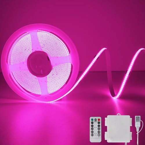 StarryEver COB LED-slingor batteridriven med fjärrkontroll, 2 m 640 LED-ljuslist, dimbar, skärbar, flexibel LED-tejp, för TV, dator, cykel, bildekoration, rosa