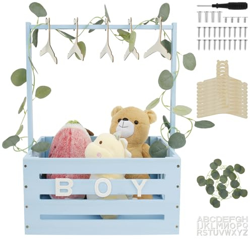 Barnkorg i trä med handtag, praktisk trälåda för baby shower, med 10 dockhängare och 24 kort, 40 x 30 x 55 cm, förvaringslåda för barn, flickor, graviditet, nya föräldrar
