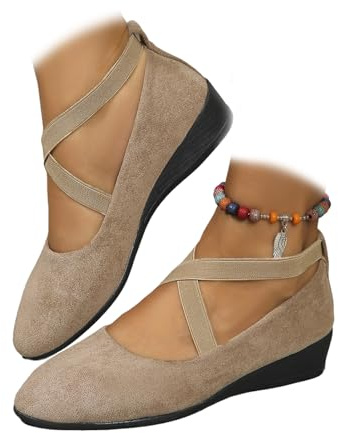 Chaussures compensées confortables à lacets croisés pour femmes, chaussures de danseuse à talon pour femmes, lacets croisés élastiques, bout rond, chaussures à talon confortables, kaki, 36 EU
