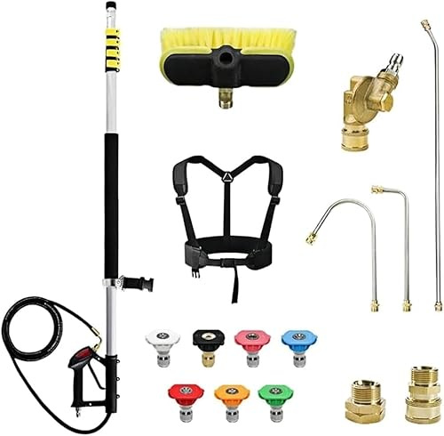 Gresonic 7,3m Baguette Téléscopique pour Nettoyeur Haute Préssion (Tête Brosse Comprise), avec 2 Extensions, Gouttières, 7 Buses, Ceinture et 2 Adaptateurs Tuyau