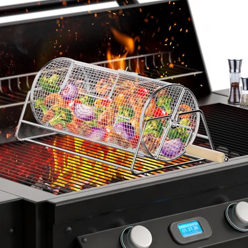 Rotatable Rolling Grill Baskets, 304 Stainless Steel, Even Cooking Nesting Grilling Net, BBQ Accessories Tools for Vegetables Shrimp, Outdoor Camping, Gifts for Birthday/Men/Dad/Husband