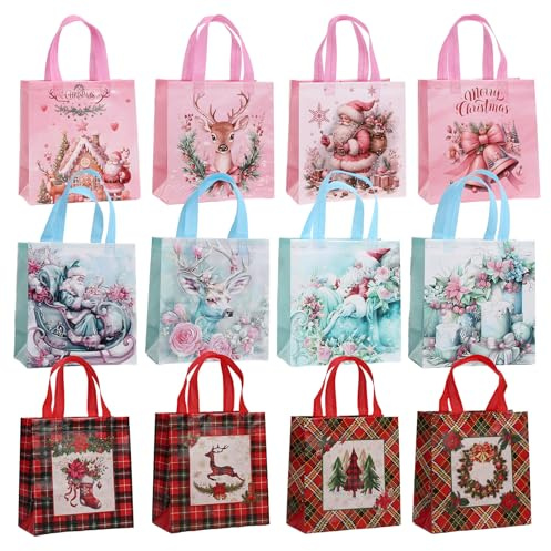 Fyfjur 12 Sacchetti Regalo Natale, Impermeabili Riutilizzabili Tessuto Non Tessuto Buste Regalo Natale con Manici, Sacchetti Natalizi, 23 * 22 * 11 cm