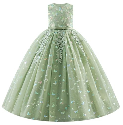 IBAKOM - Vestido de princesa para niñas, con lentejuelas brillantes sin mangas, 3D, flor con volantes de tul tutú, vestido de niña de flores, fiesta de boda, cumpleaños, verde, 7-8 Años
