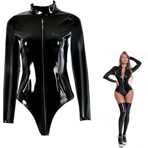 Mujer Body de Charol con Cremallera Bodies Lencería Sexy Cuero de Manga Larga Latex Catsuit Brillante Mono Wetlook Clubwear Teddy Bodysuit Leotard de Cóctel Fiesta Discoteca