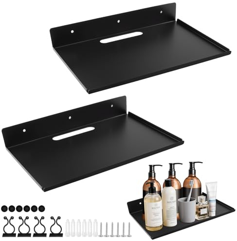 ComPDCVD Wandregal Schwarz 2 Stück Wandregal Ohne Bohren 30x20cm Wandregals Metall Schwebendes Bücherregal Kleines Regal Wand mit Kabelloch und Kabelclips für Wohnzimmer Küche Badezimmer Schlafzimmer