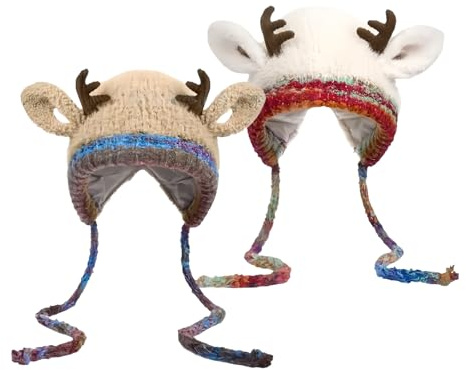MARCBUSE Cappello a maglia con renna regolabile caldo per la famiglia di Natale da indossare all'aperto cappello a maglia renna regolabile caldo accogliente cervo berretto da vacanza, C, Taglia unica