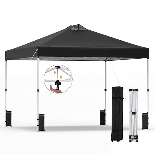 GOPLUS Carpa Plegable 3x3 m, Cenador Pop-up Impermeable, Ajuste Altura, Acero y Tela Oxford, Sacos de Arena,Bolsa Portátil con Ruedas, Carpas de Jardin para Eventos,Playa (Negro, 300x300x270 cm)