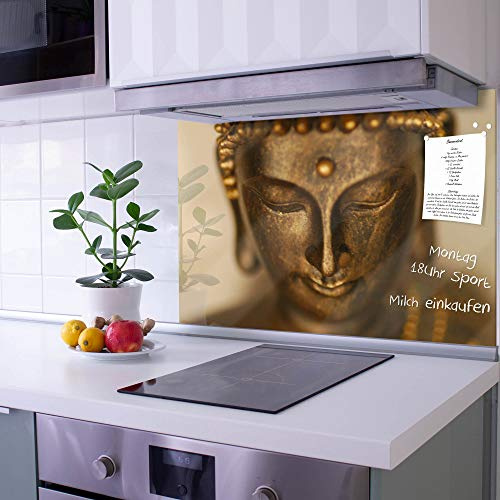 banjado Küchenrückwand Glas ohne Bohren 90x60cm – Glasrückwand Küche mit Motiv Buddha Gold/Spritzschutz Küchenrückwand Glas/selbstklebende Küchenrückwand Platte - magnetisch & beschreibbar