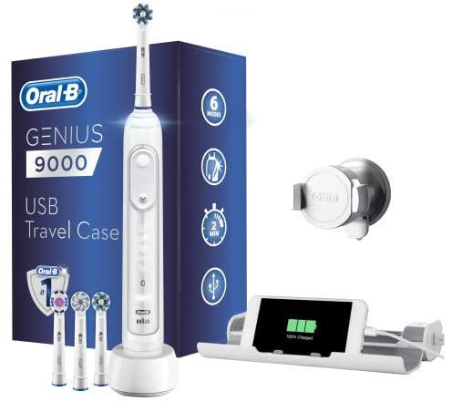 Oral-B Genius 9000 Electric Toothbrush, 1 White App Connected Handle, 6 Modes, Pressure Sensor, 4 Toothbrush Heads, USB Travel Case, 2 Pin UK Plug
