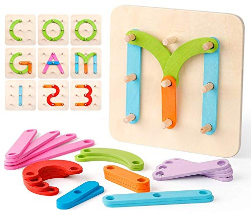 Coogam Montessori Buchstaben Spiel Holz Zahlen Alphabet Bauaktivität Set Vorschule Pädagogisches Spielzeug Form Farberkennung Stapelblöcke Sortierbrett für Kinder
