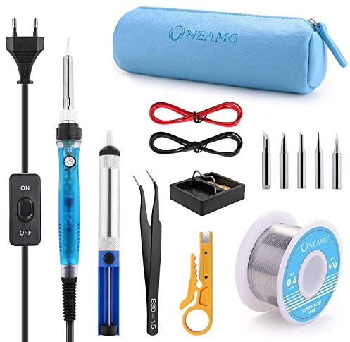 Fer à Souder Kit, ONEAMG 60W, Electrique, Temperature Réglable avec Interrupteur ON/OFF, Station de Soudage avec 5PCS Conseils, Pompe à Dessouder, Fil de Soudure, Pincettes (Blue)