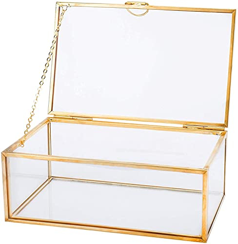 Homtone Golden Vintage Glass Lidded Box, Copper Decorative Keepsake Display Organizer Clear Rectangle Golden Box for Wedding Party Decor (14.6x9x5.5cm, Gold)