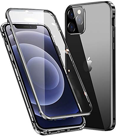 MOSSTAR Coque iPhone 12 Mini, Adsorption Magnétique Métal, Avant et Arrière Verre Trempé Couverture de Plein écran Couverture à 360 Degrés Protection Cover pour Apple iPhone 12 Mini 5.4'', Noir