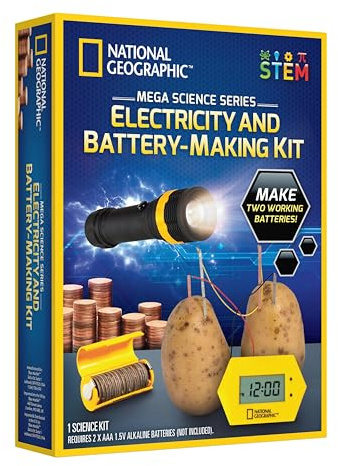 National Geographic Battery Making Kit - Potato Clock and Penny Powered Flashlight Science Kit, 2 Electricity STEM Projects for Kids, Electrical Circuit Toy for Boys and Girls (Amazon Exclusive)