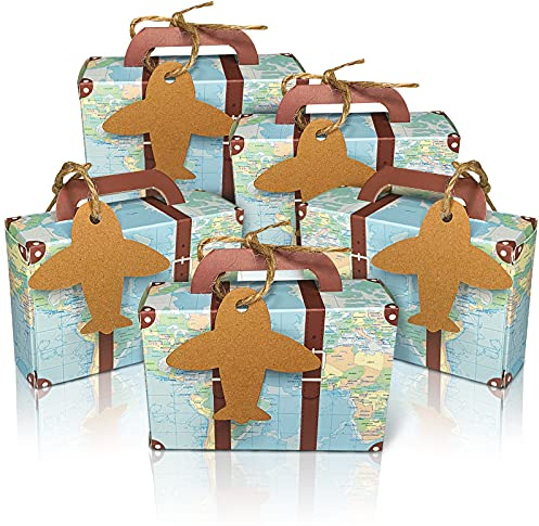 CHolic 50Pcs Party Favor Candy Box, World Map Mini Suitcase Favor Box, Vintage Kraft Paper with Tags and Burlap Twine for Travel Themed Party, Bridal Shower, Wedding Decorations