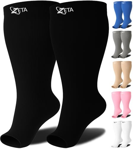 Zeta Wear Stödstrumpor med öppen tå, plus size – kompression för svullna vader, bra för resor och flyg, kvinnor, fantastisk passform, bomullsrik komfort och lugnande avlastning, 1 par