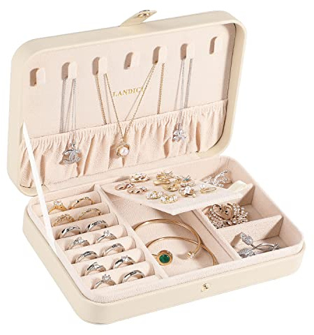 LANDICI Small Jewelry Box for Women Girls, PU Leather Travel Jewelry Case, Portable Jewelry Organizer Storage Holder Display for Ring Earrings Necklace Bracelet Brooch Men Kids Gift, Apricot